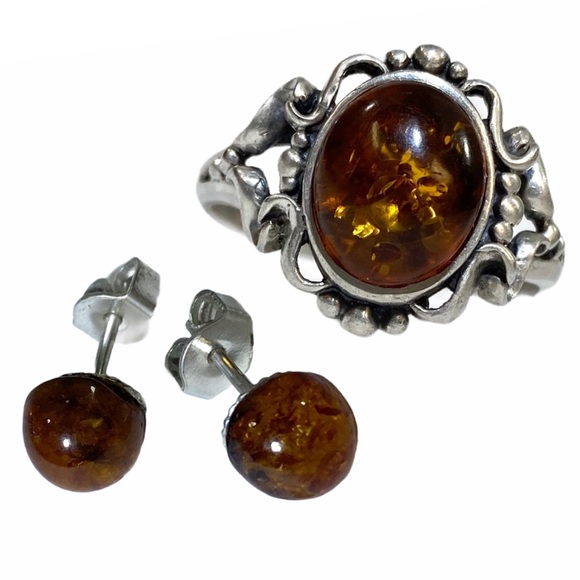 AMBER & STERLING SILVER .925 Ring & Earrings Sz. 9